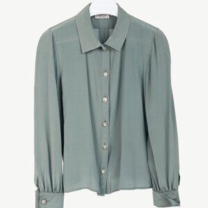 Valentino Boutique Vintage Grey Blue Shantung Satin Buttoned Blouse